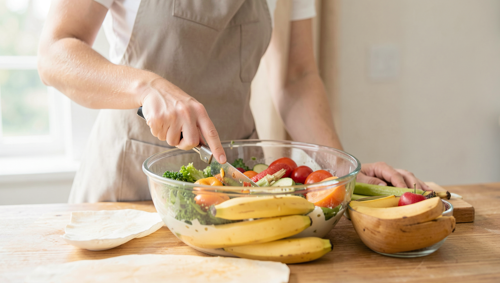 Healthy meal preparation with fresh vegetables and grains in a bright kitchen setting.