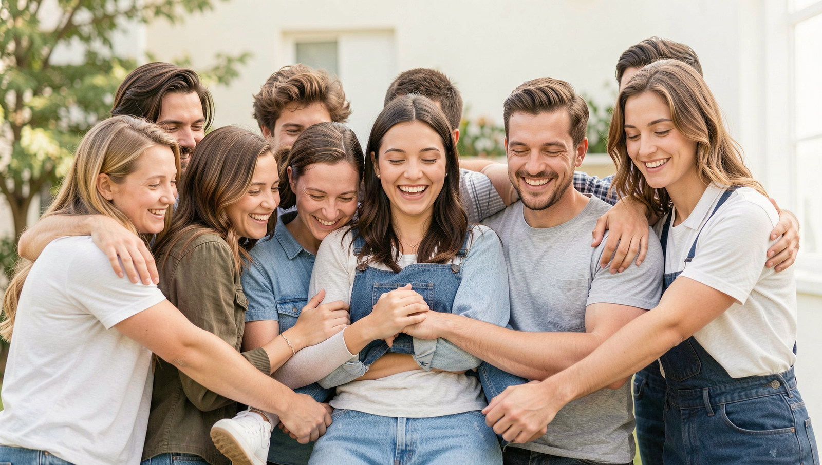 Group of friends smiling and supporting each other in a natural outdoor setting.