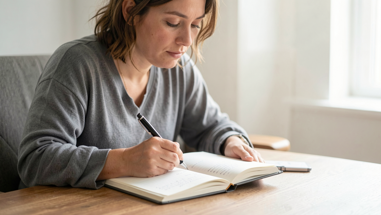 Person writing in a journal, reflecting on stress management strategies.