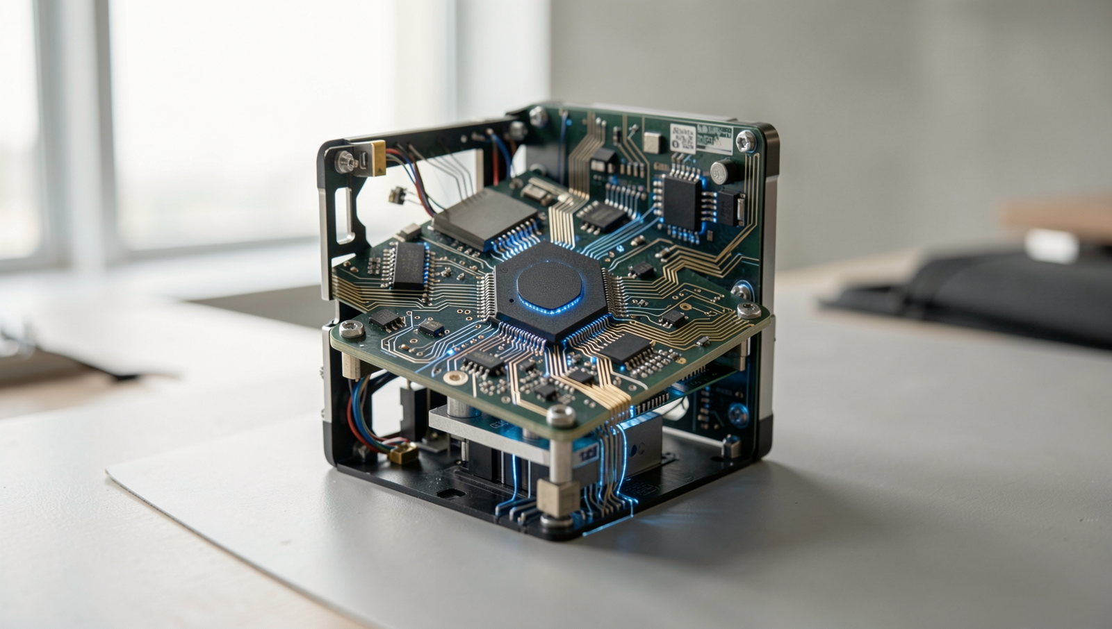 Photorealistic image illustrating quantum computing technology in a modern setting.