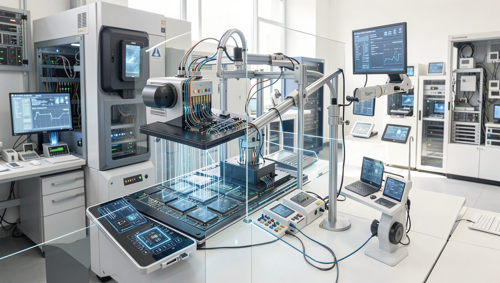 Illustration of industries like healthcare, finance, and logistics enhanced by quantum computing.