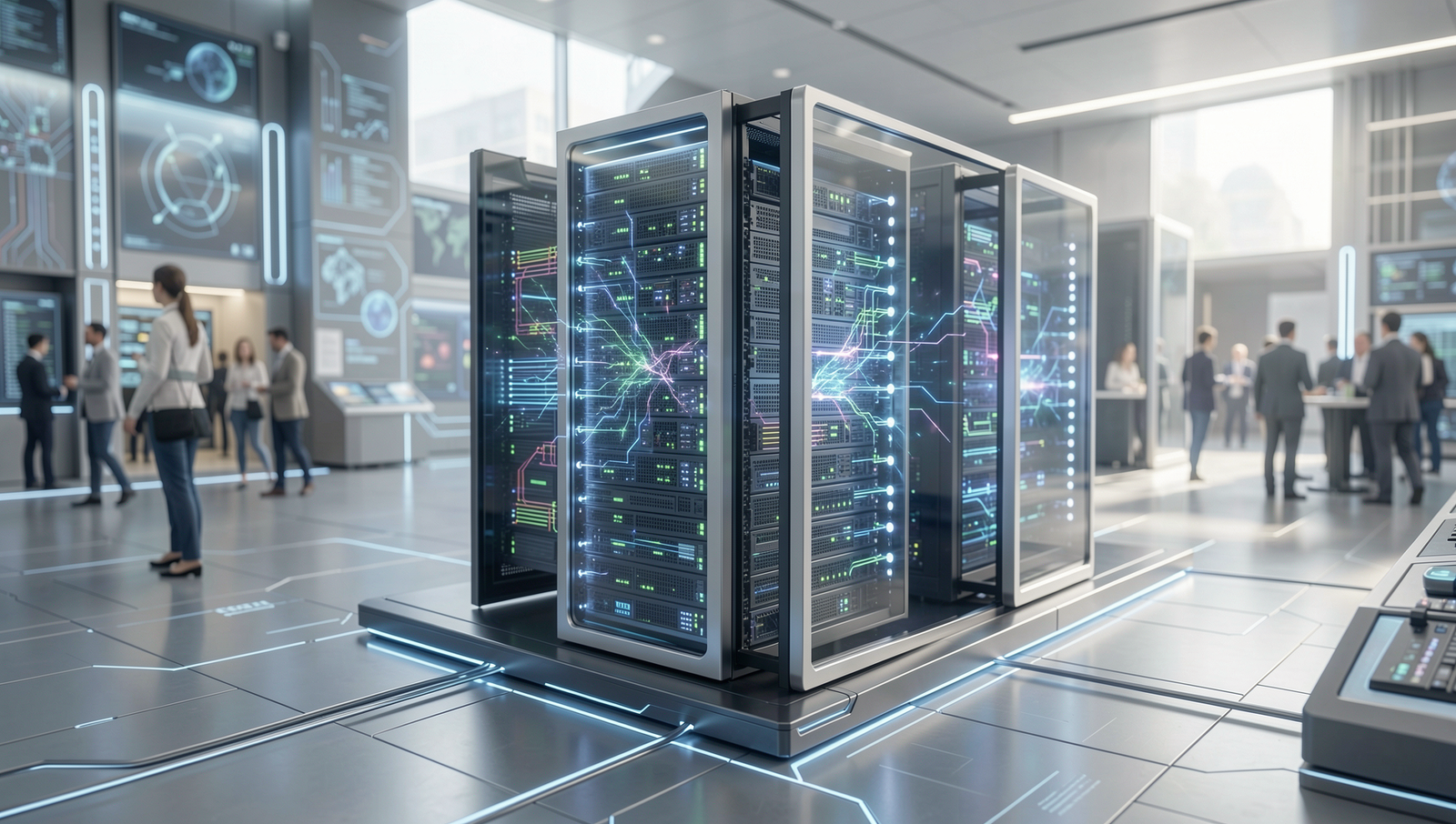 Futuristic quantum computer in a modern society setting with natural lighting.