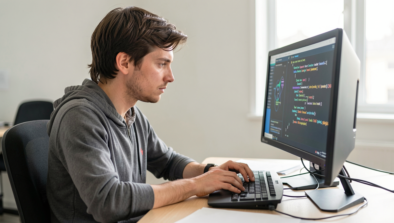 Person focused on learning quantum programming on a laptop in a well-lit room.