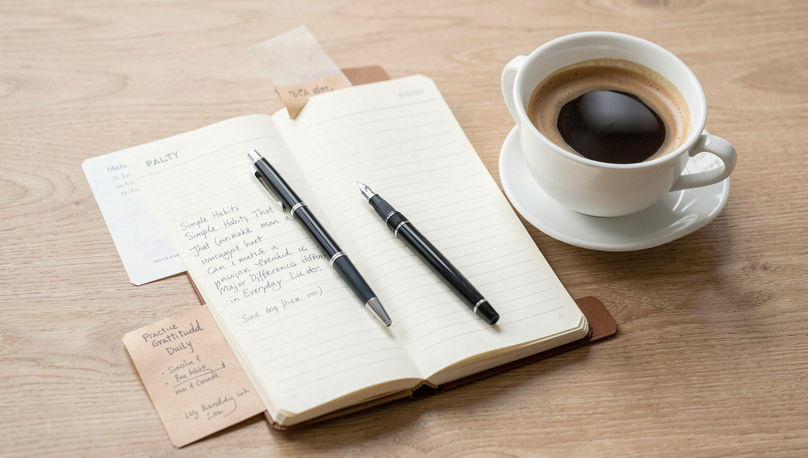 A journal with a pen and a cup of coffee on a wooden table, showcasing a moment of reflection.