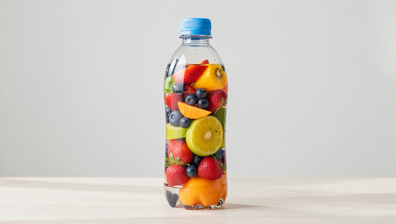 Colorful water bottle filled with fresh fruits for hydration.