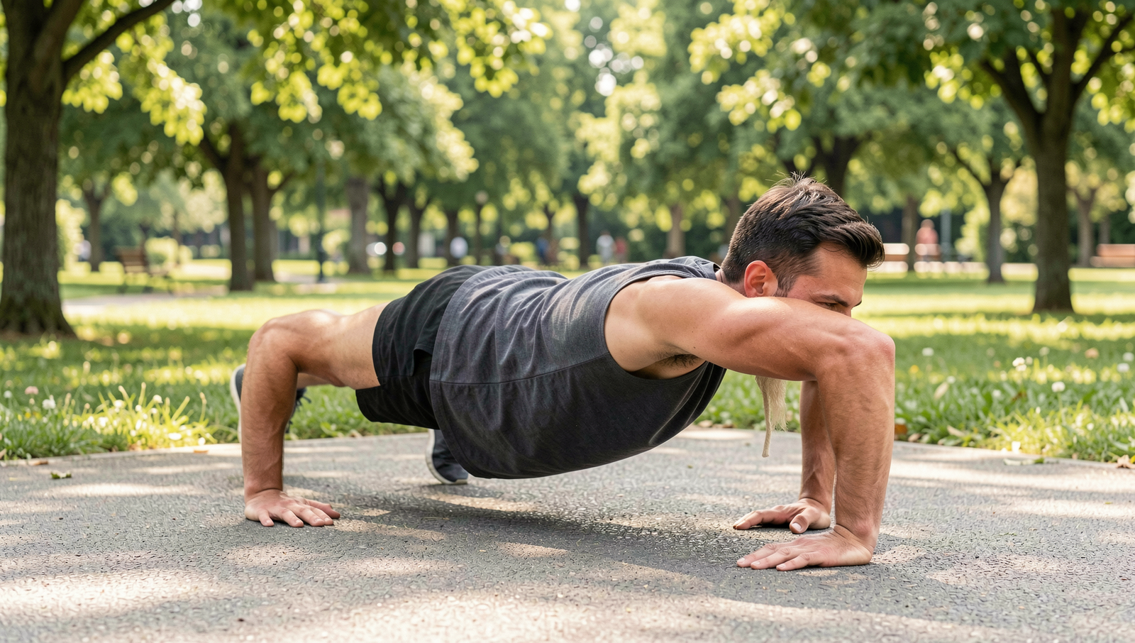 Person performing push-ups in a sunny park, showcasing a healthy exercise habit.