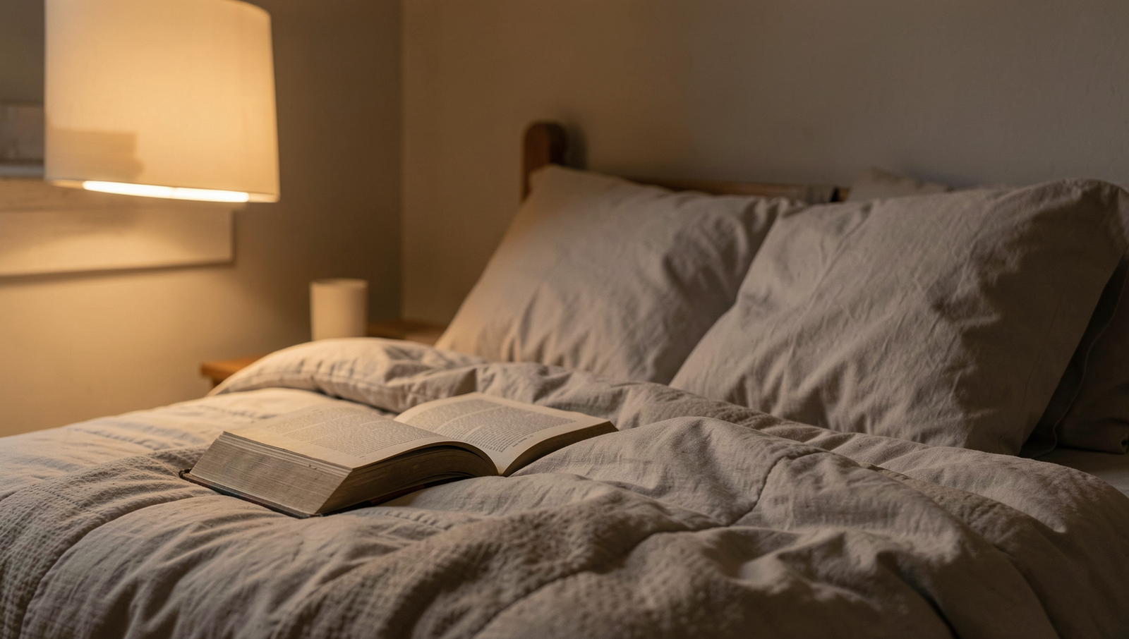Cozy bedroom with a book and dim lighting, promoting relaxation before sleep.