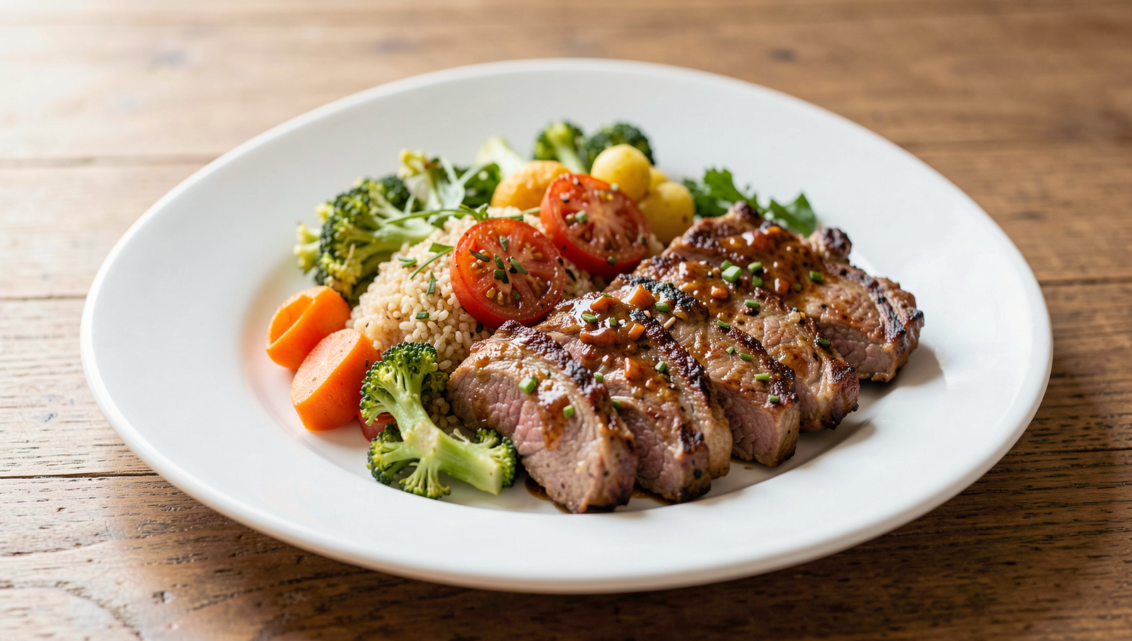 A beautifully plated healthy meal on a table, showcasing vibrant colors and fresh ingredients.