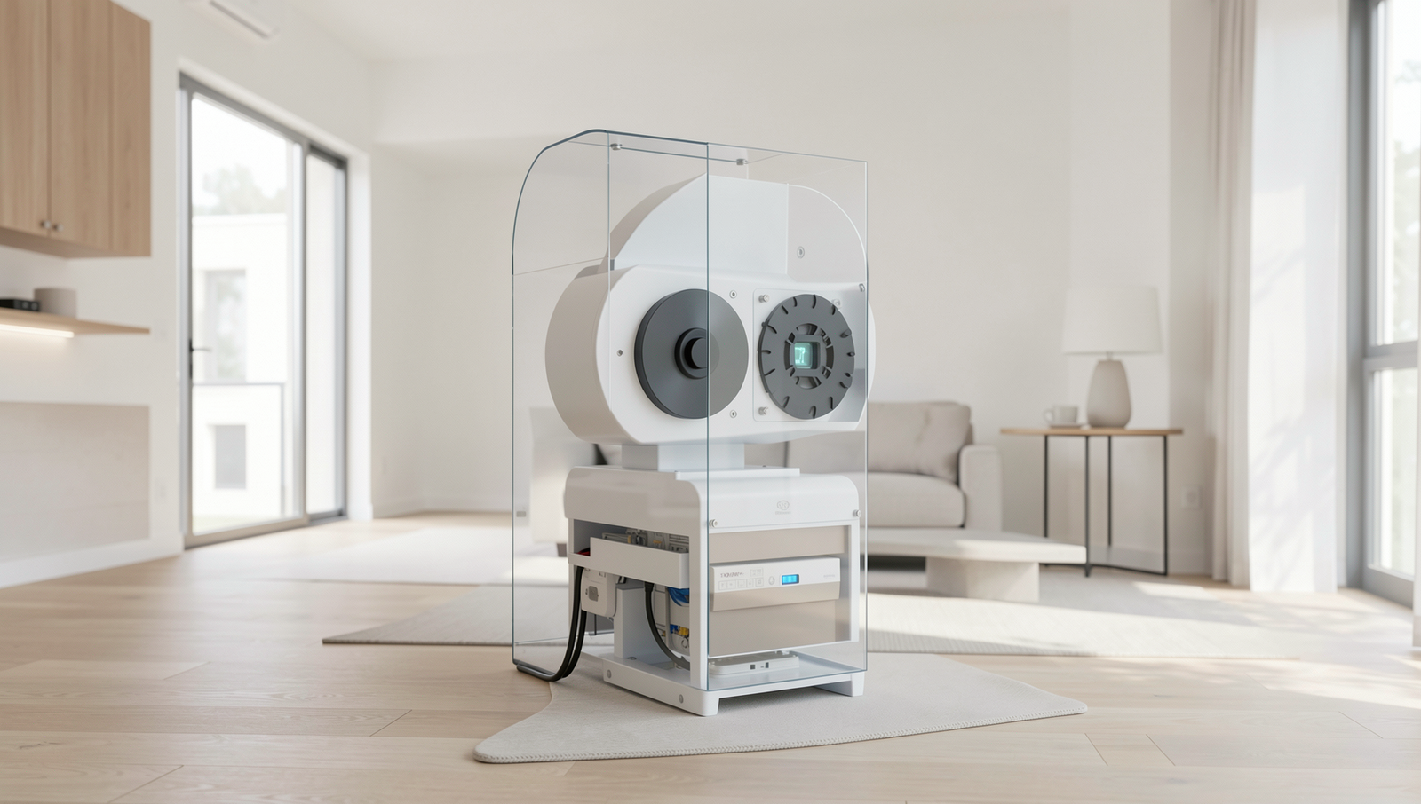 Photorealistic image of AI technology integrated into a modern smart home setting.