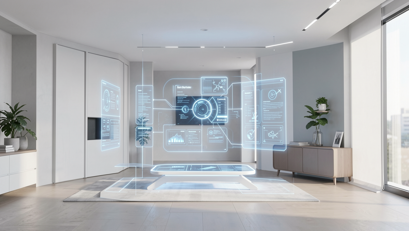 Futuristic smart home interior showcasing advanced automation technology.