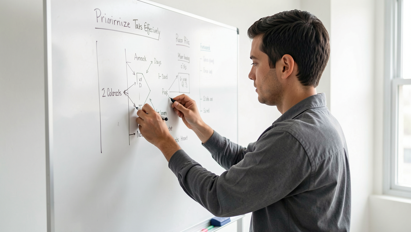 Person organizing tasks on a whiteboard in a bright, professional setting.