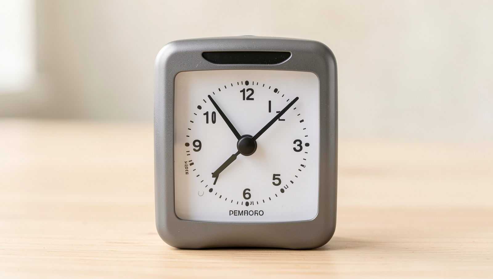 Close-up of a timer set for a Pomodoro session with natural lighting.