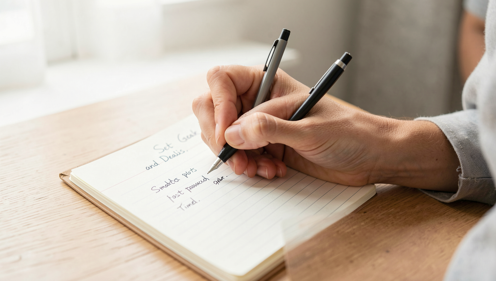 Person writing goals in a notepad with natural lighting and sharp focus.