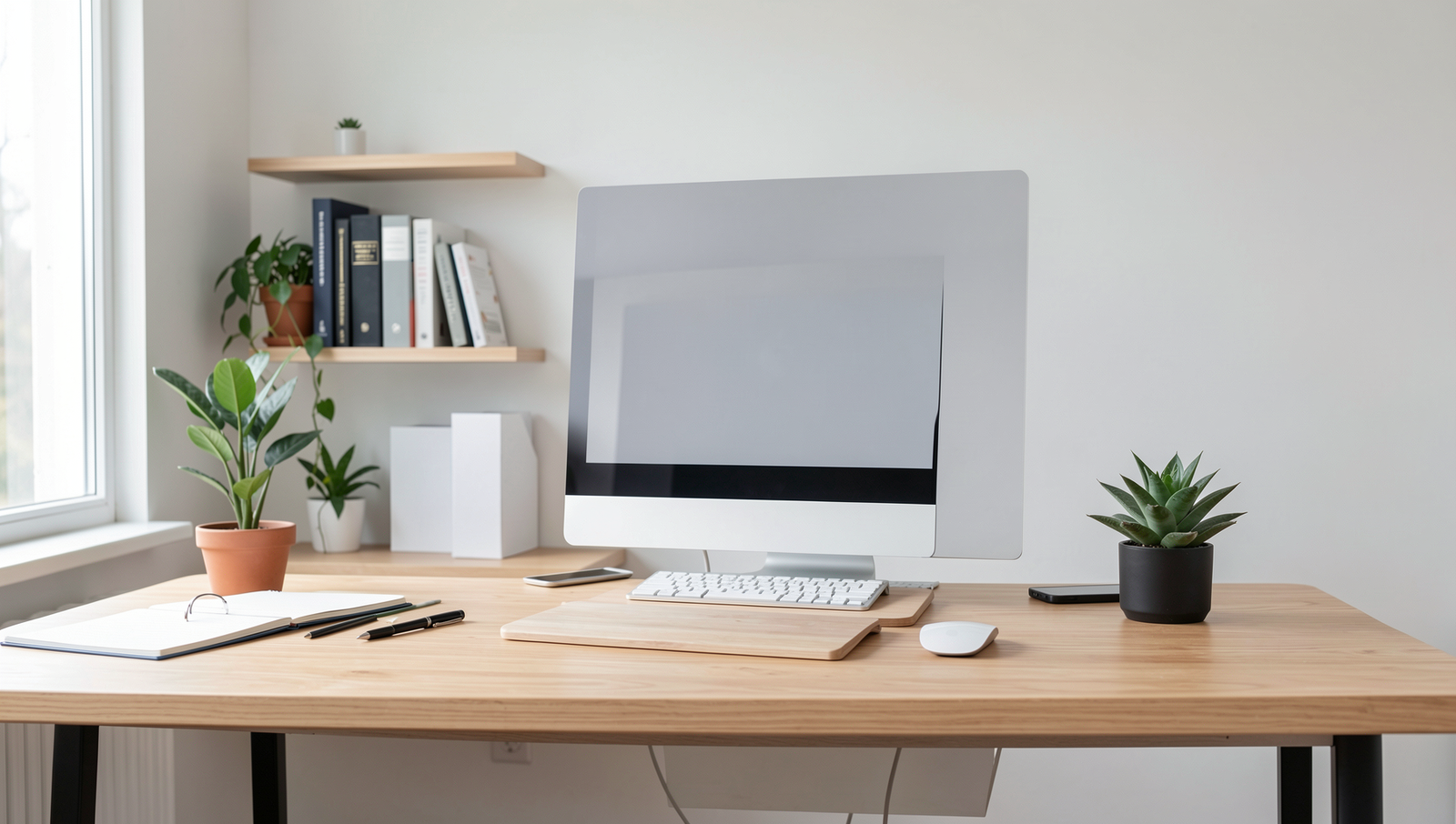 Organized home office setup with natural lighting and professional quality details.