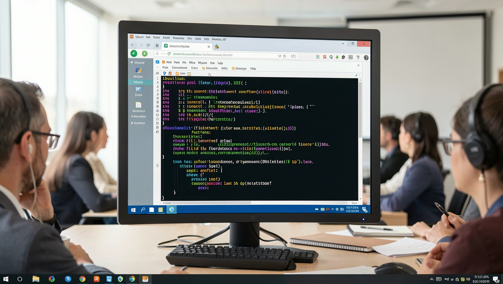 Realistic virtual conference setup with participants on a Linux desktop interface.