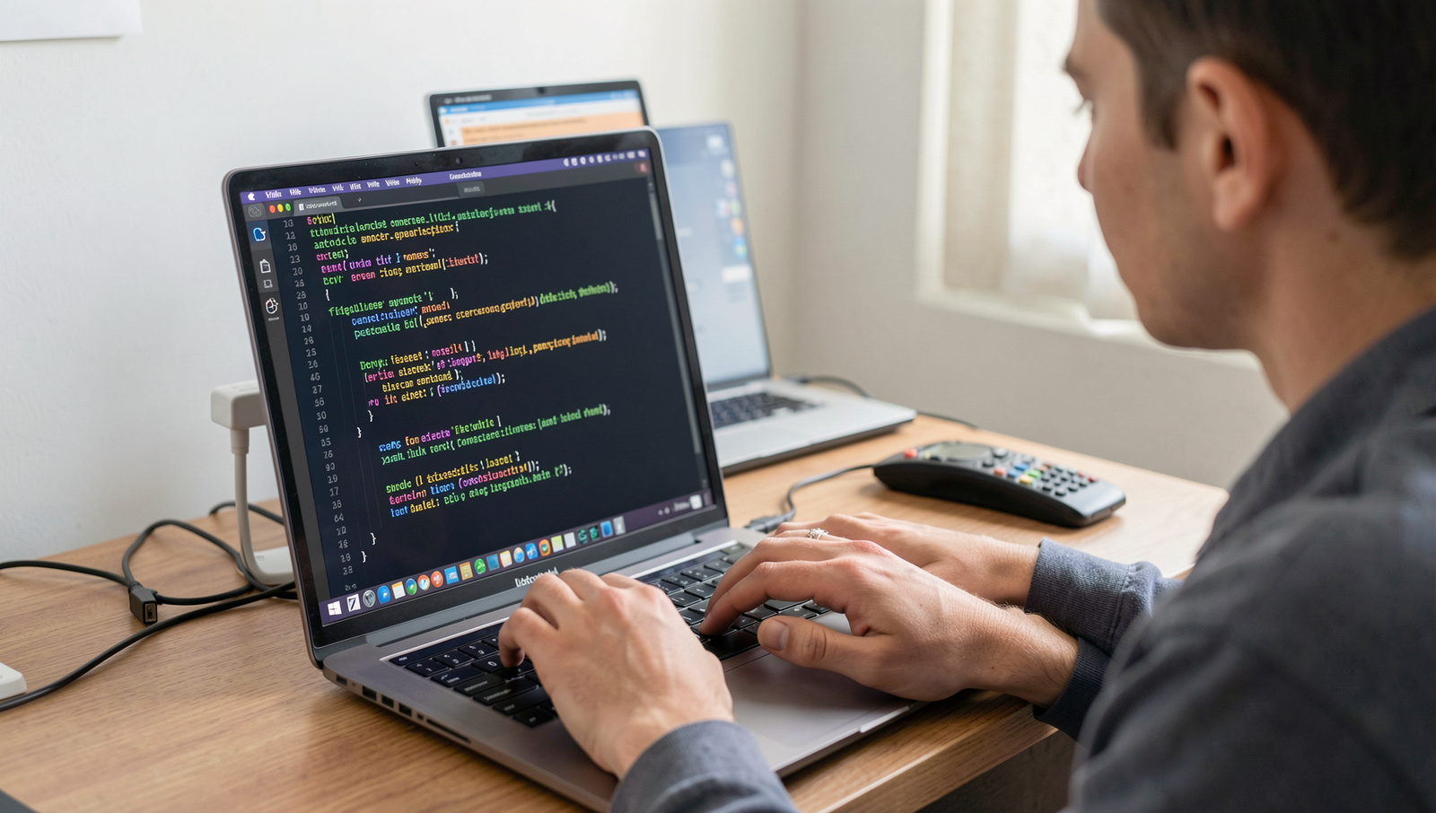 Person coding on a laptop with tech tools in a realistic Linux environment.
