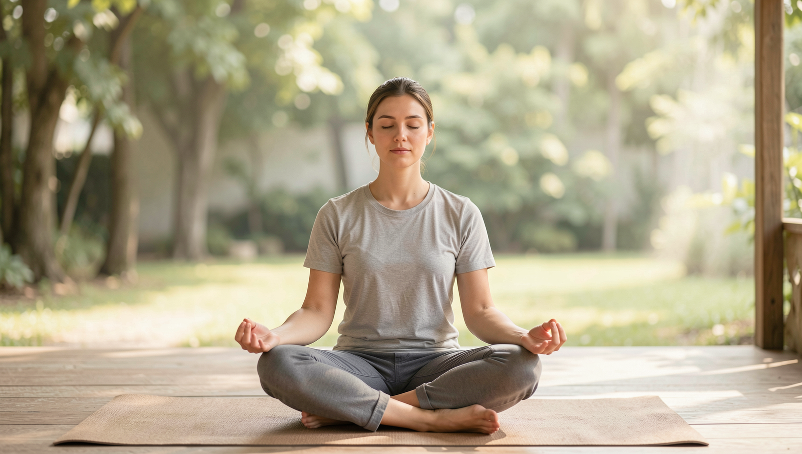 Person meditating in a tranquil setting, embodying peace and mindfulness.