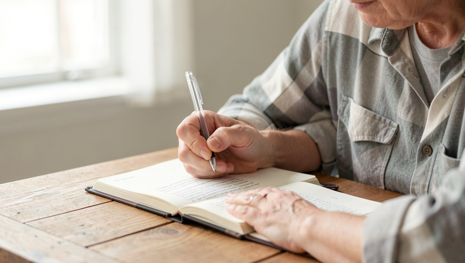 Person writing in a journal, reflecting on their lifestyle choices in natural light.