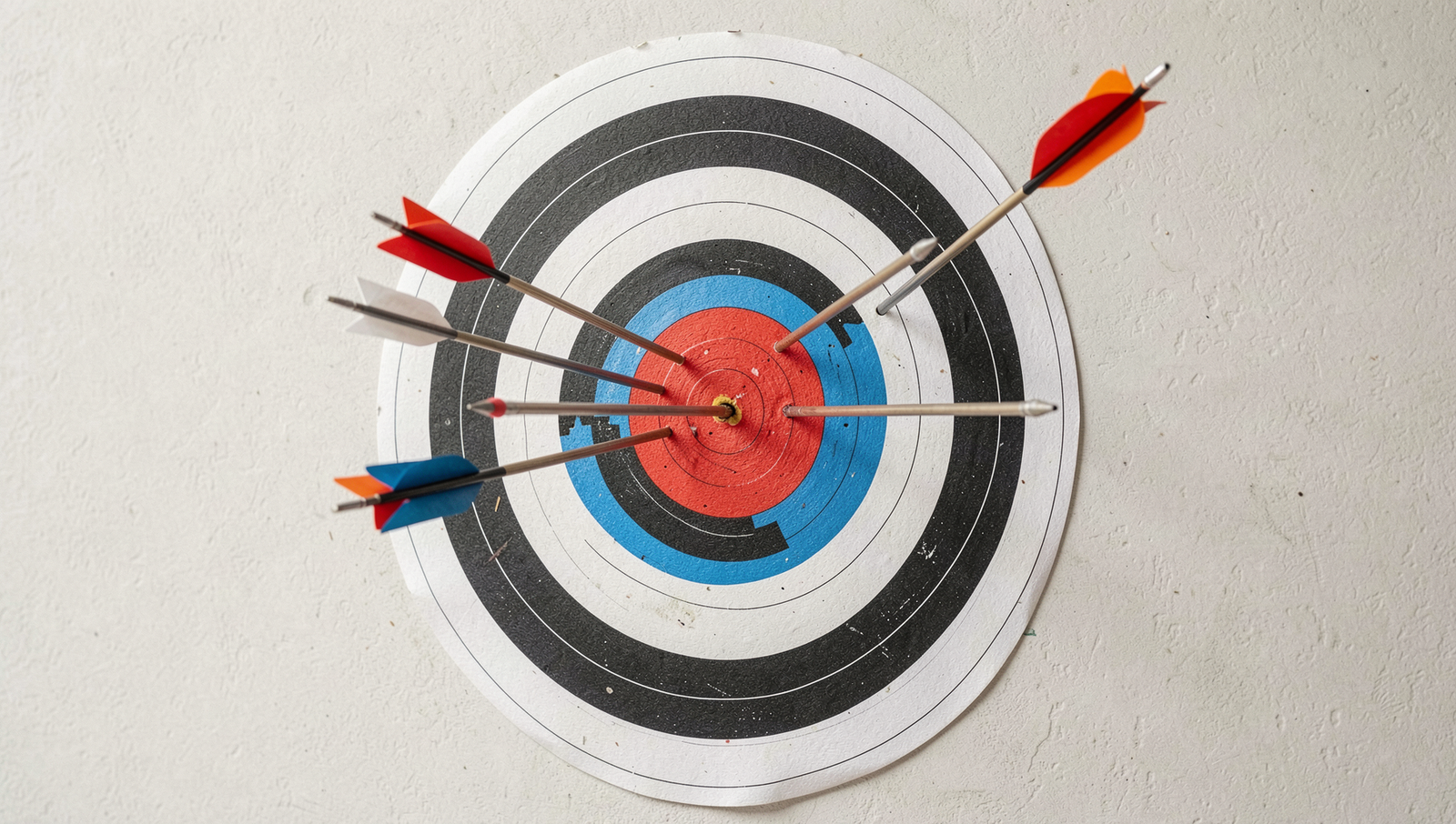 Target board with arrows hitting the center, symbolizing goal setting.