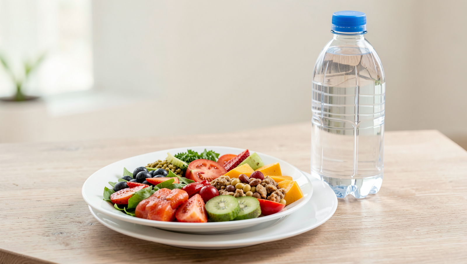 Colorful plate of healthy food with a water bottle in natural lighting.