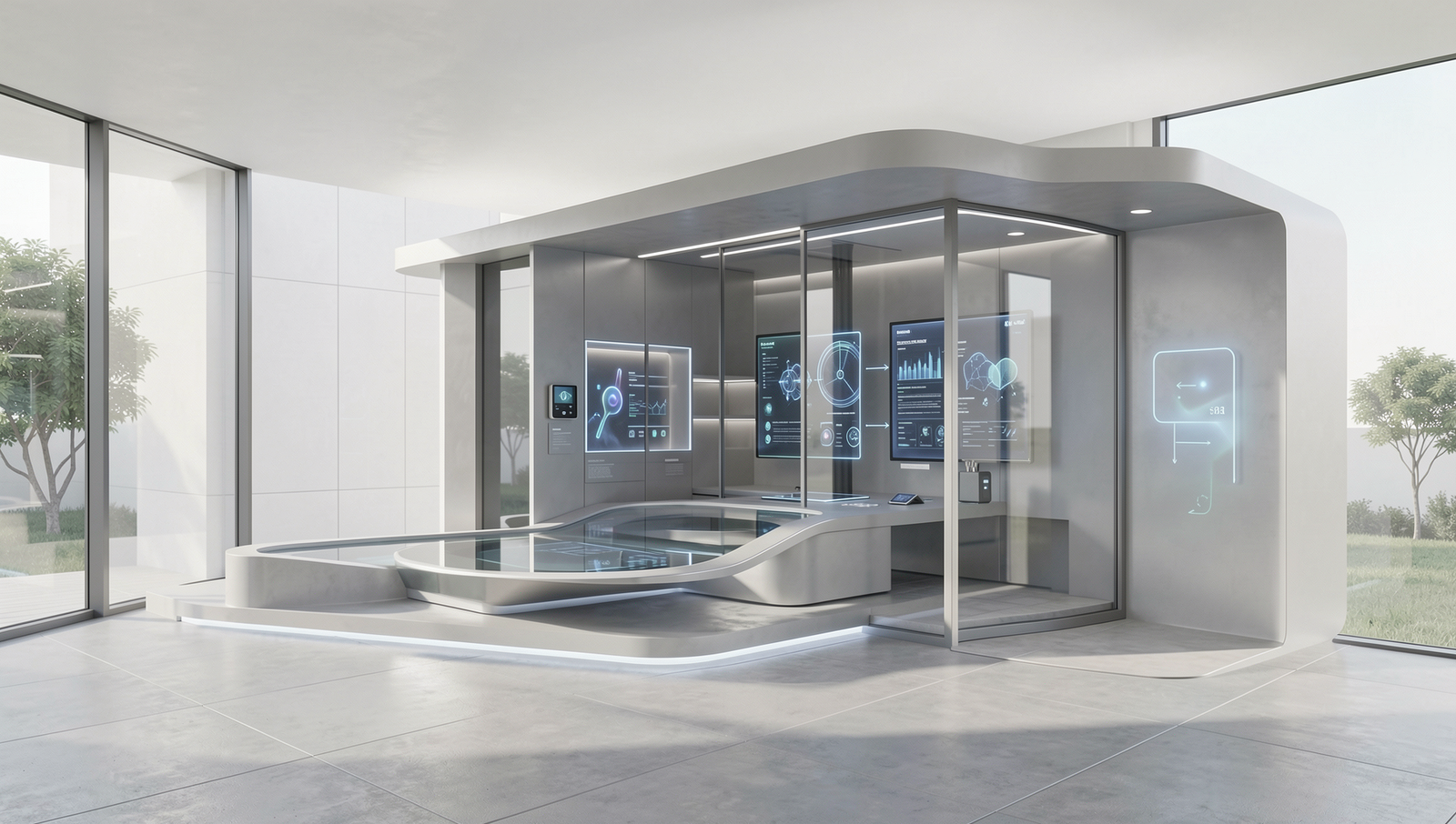 Futuristic home showcasing smart technology in a natural setting.