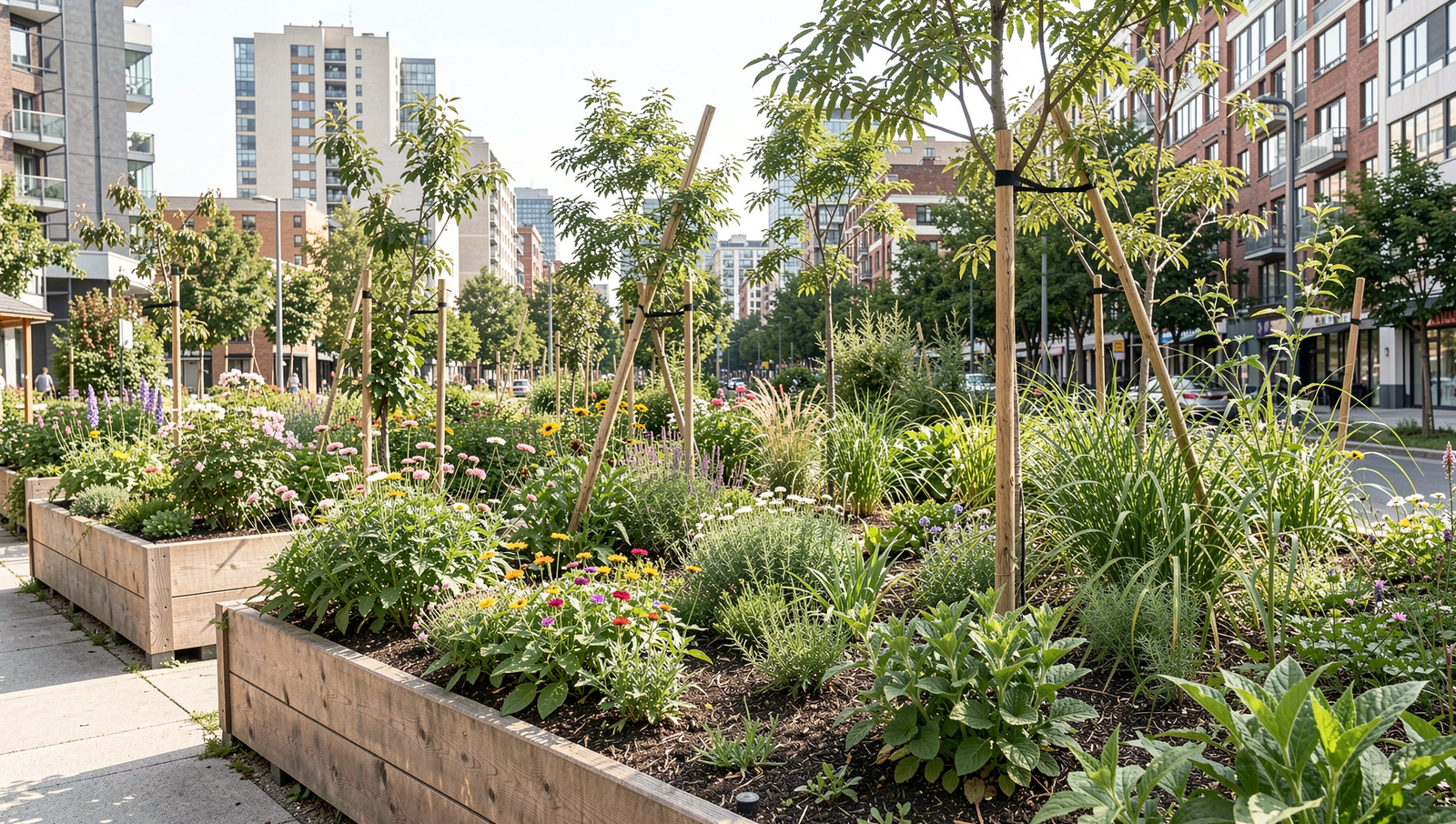 Photorealistic urban garden showcasing sustainable living practices with natural lighting.