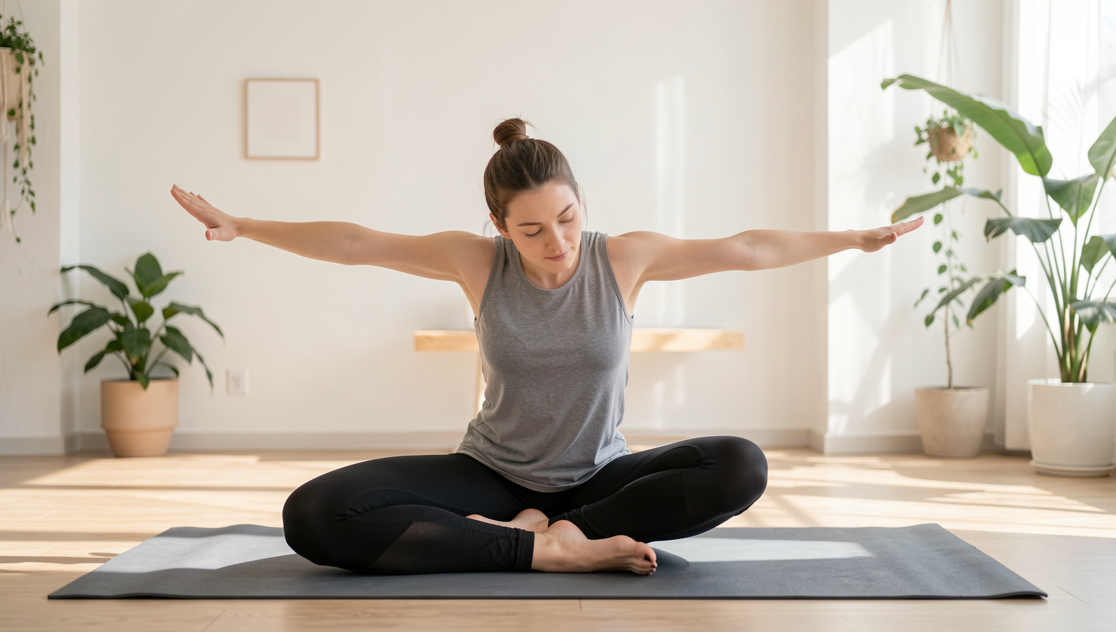 Person practicing yoga in a tranquil outdoor setting with natural lighting.