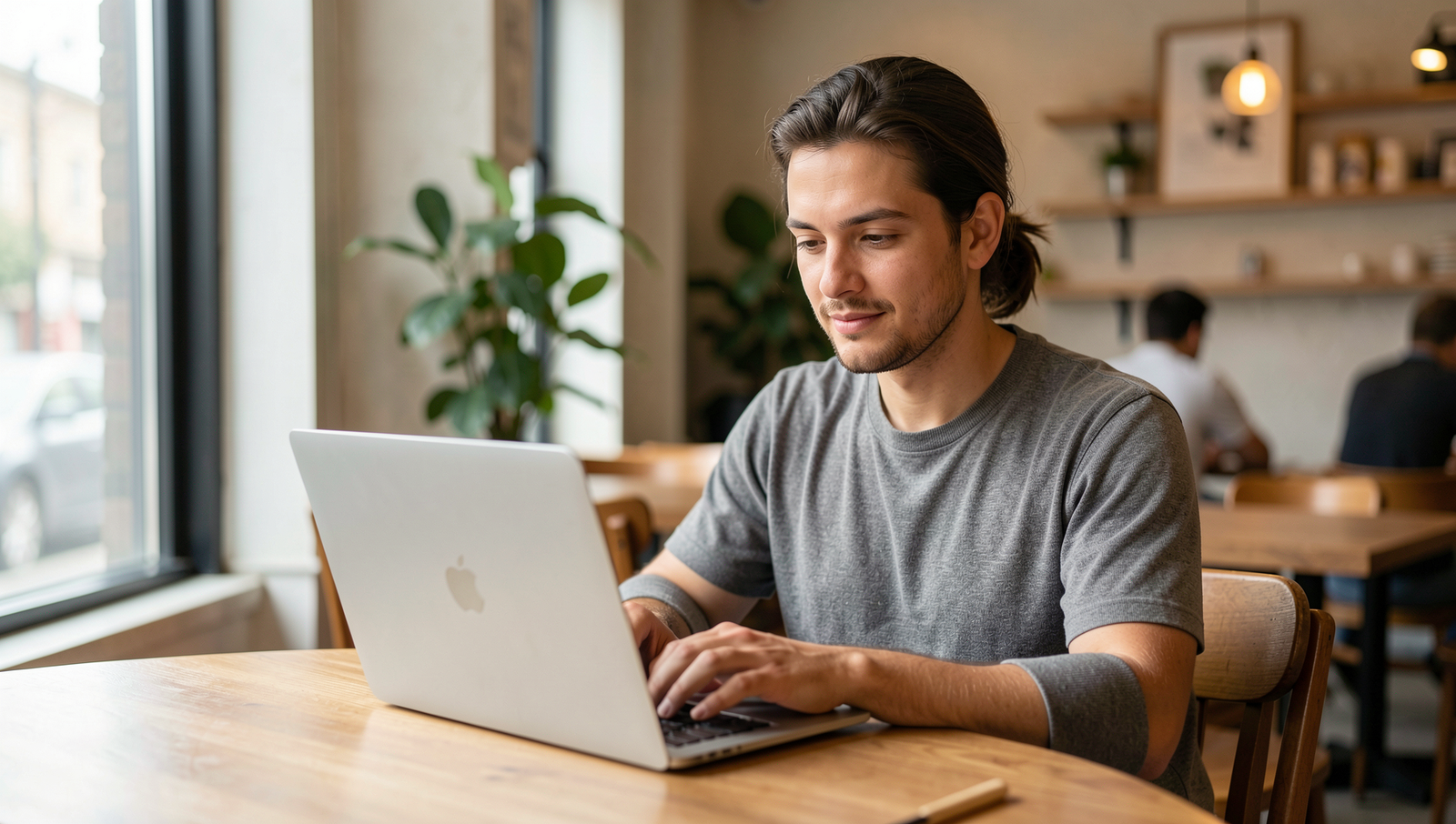 Digital nomad working on a laptop in a cafe with natural lighting