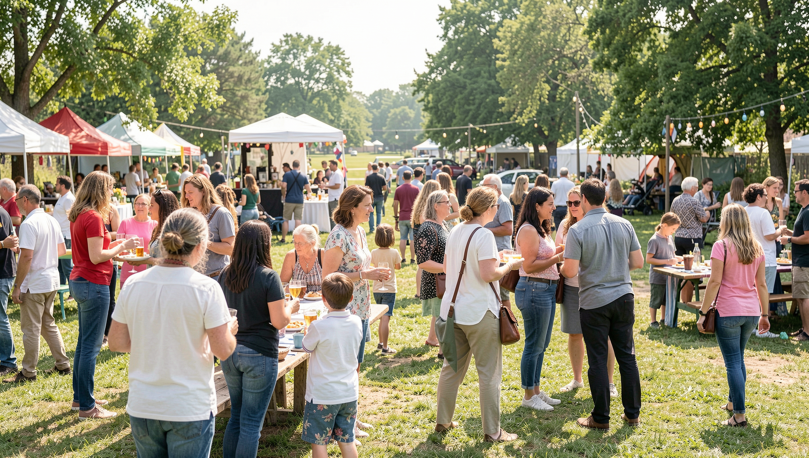 A vibrant community gathering with diverse people engaging and socializing outdoors.