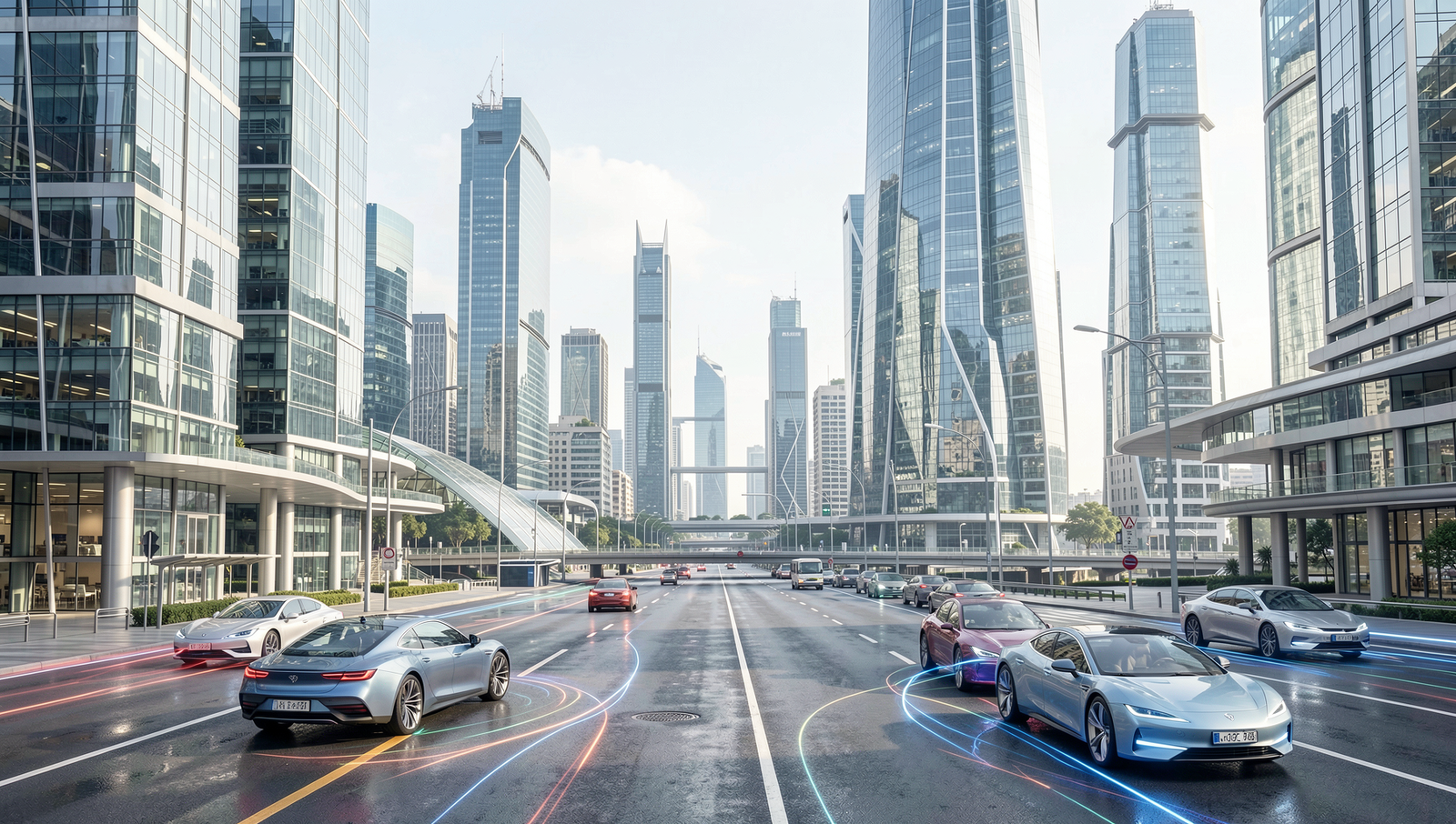 Futuristic cityscape featuring electric vehicles under natural lighting.