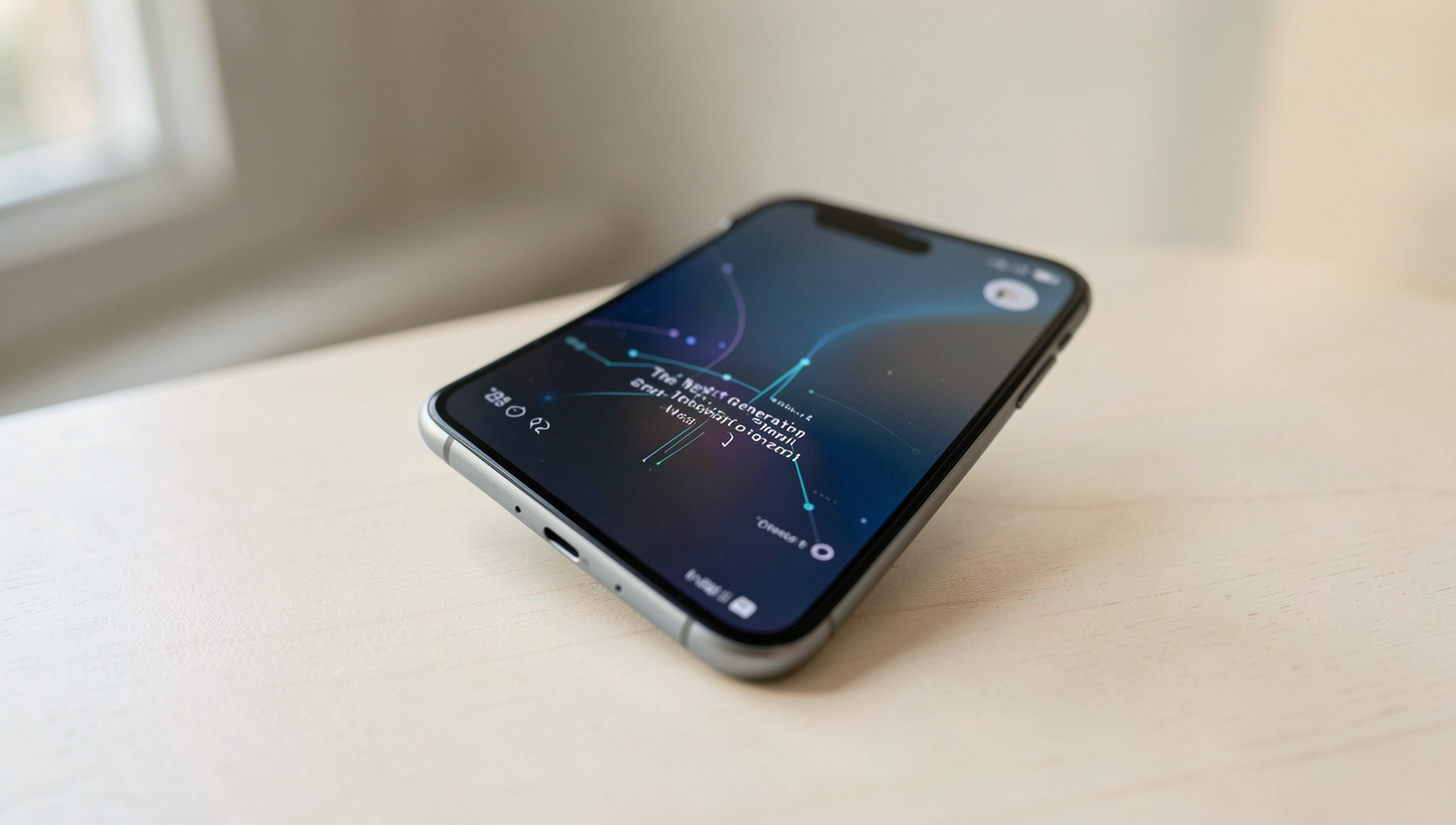 Photorealistic image of next-gen smartphones showcasing advanced technology in a modern setting.