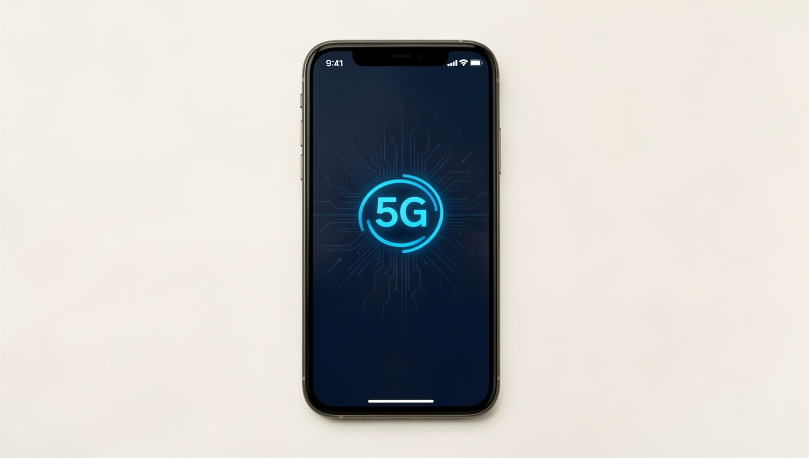Smartphone showcasing 5G connectivity with realistic lighting and sharp focus.