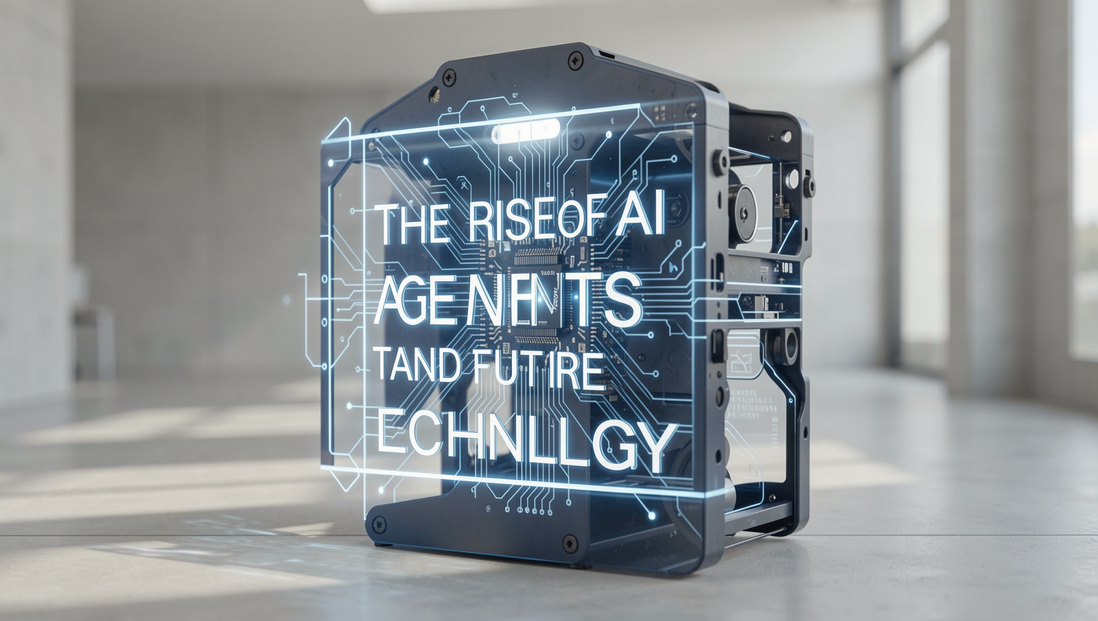 Photorealistic image depicting AI agents in a modern tech environment.
