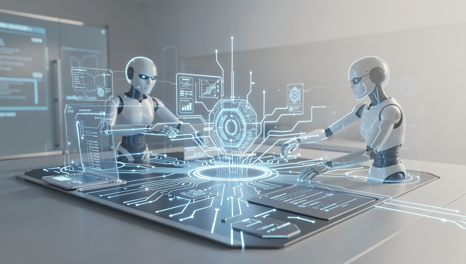 Abstract representation of AI agents interacting with technology in a realistic setting.