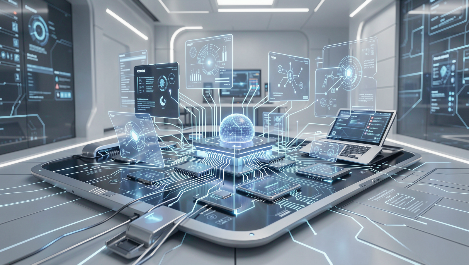Futuristic depiction of AI technologies collaborating in a high-tech environment.