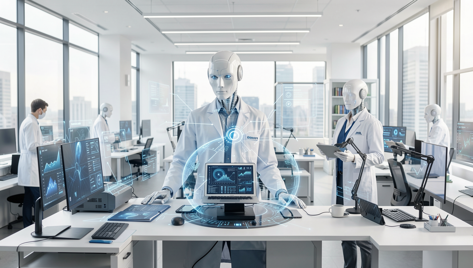 AI agents performing tasks in healthcare, finance, and manufacturing sectors.