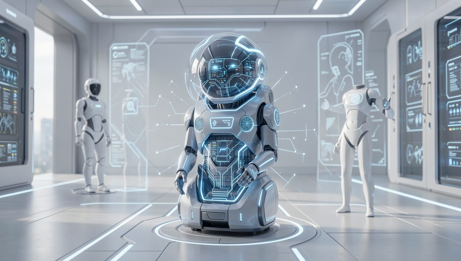 Visionary depiction of future AI agents in a realistic setting with natural lighting.