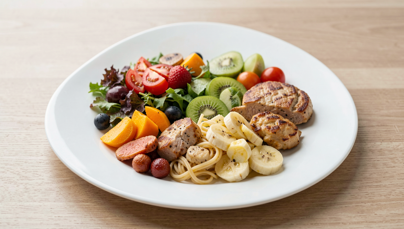 A balanced plate of healthy food featuring vegetables, grains, and protein.