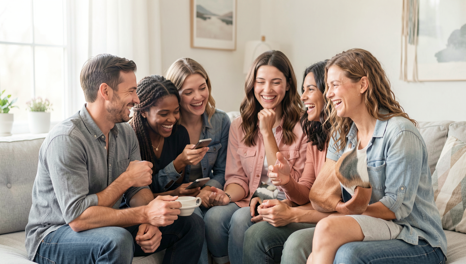 A group of friends laughing and enjoying time together in a natural setting.