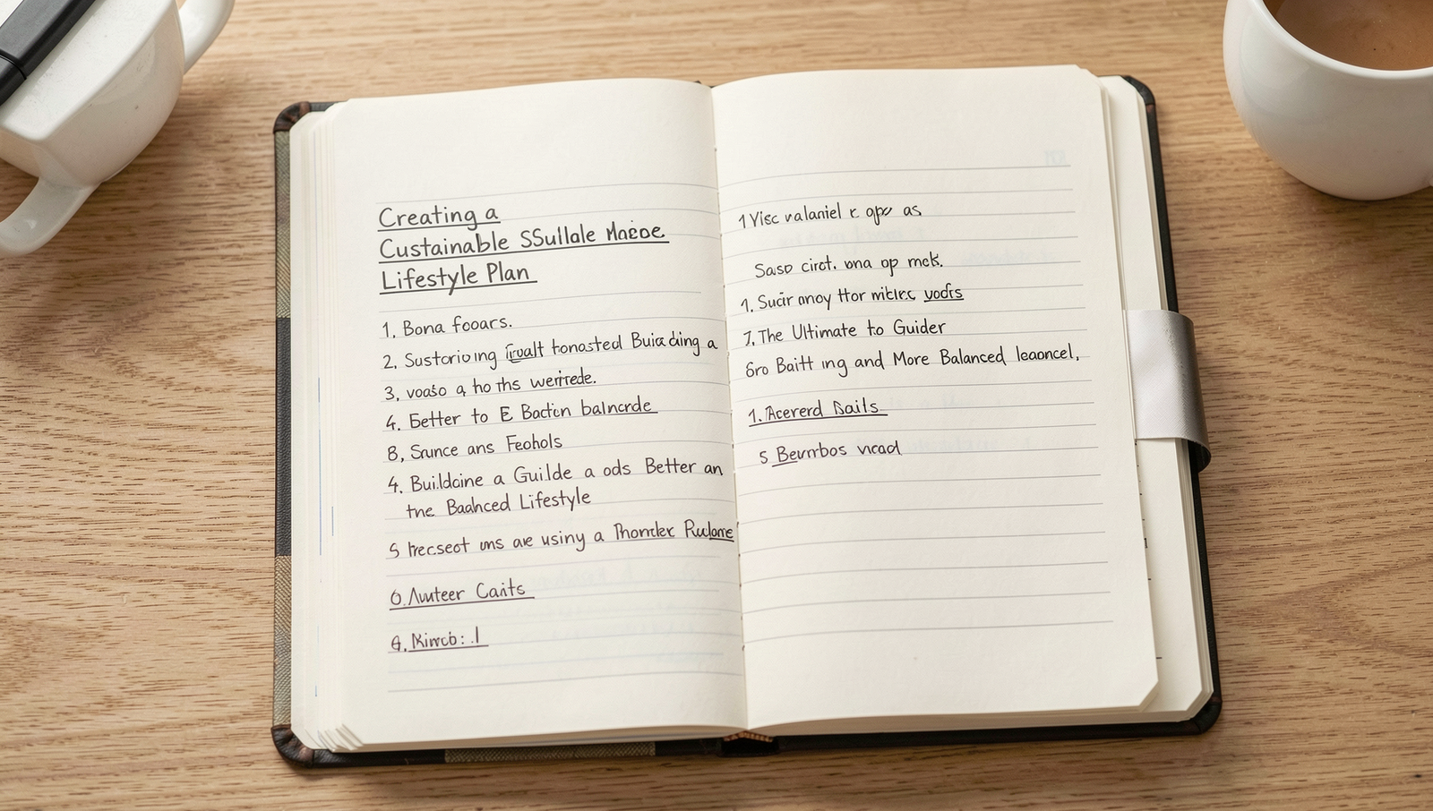 A detailed planner open to a page with lifestyle goals for sustainability.
